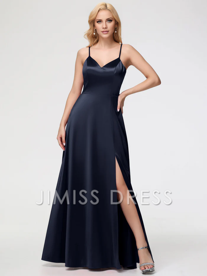 Vestido de fiesta Jimiss de satén sin mangas, con escote en V y tirantes finos