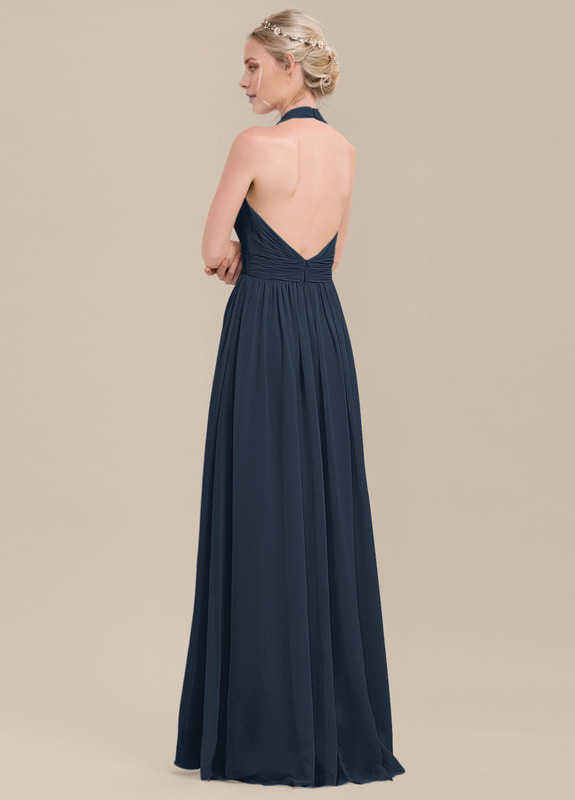 Vestido de dama de honor de gasa con volantes, corte A, cuello halter y largo hasta el suelo