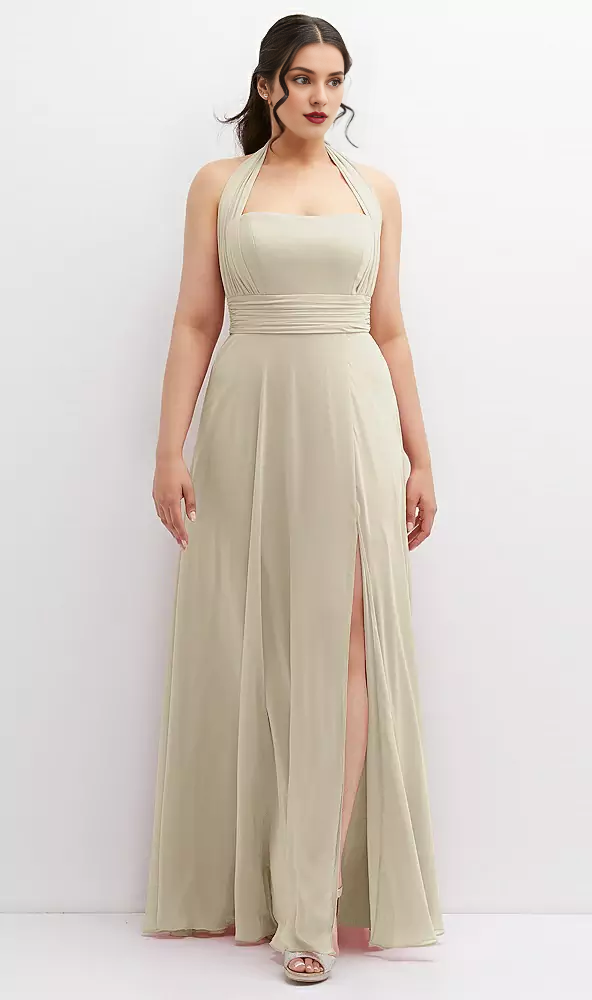 Blushing Pink Chiffon A-Line Halter neckline Floor-Length Dress with Ruched Bodice & High Slit