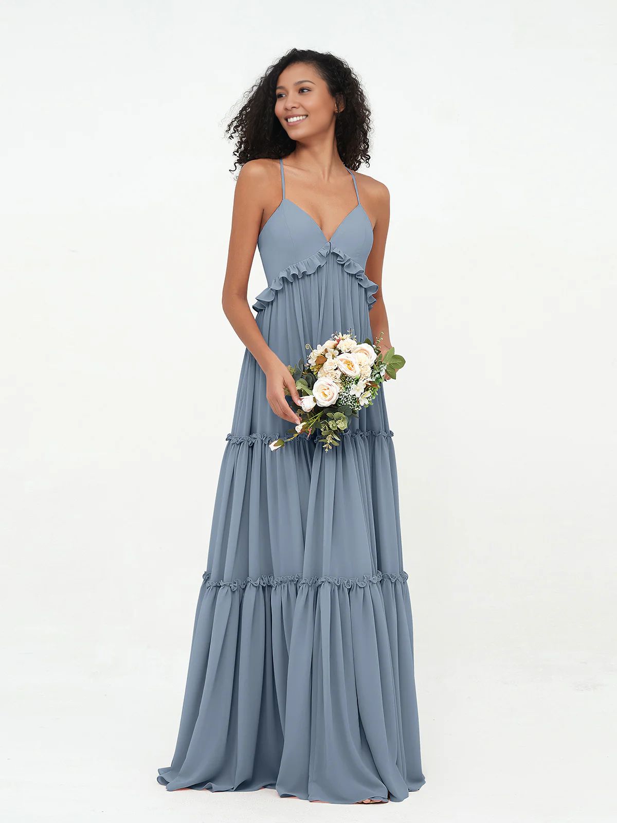 Sage Green Chiffon Tiered Floor-Length Dress with V-Neck and Ruffle Trim