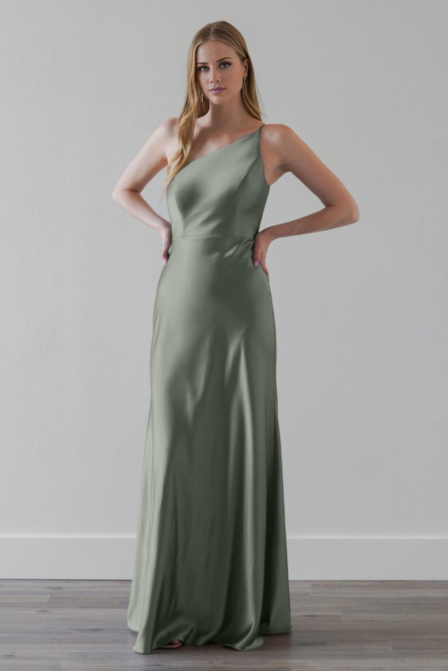 Vestido de noche Jimiss con cuello de un solo hombro, sin mangas y largo hasta el suelo