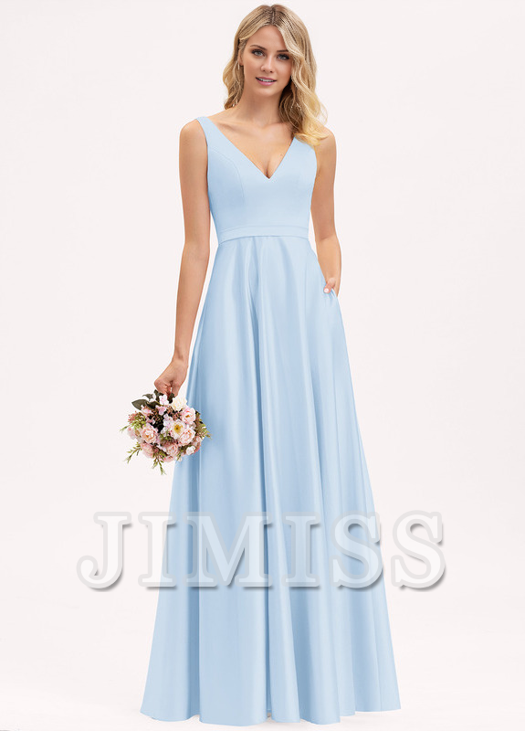 Abito da damigella d'onore in raso lungo fino al pavimento, con scollo a V e linea ad A