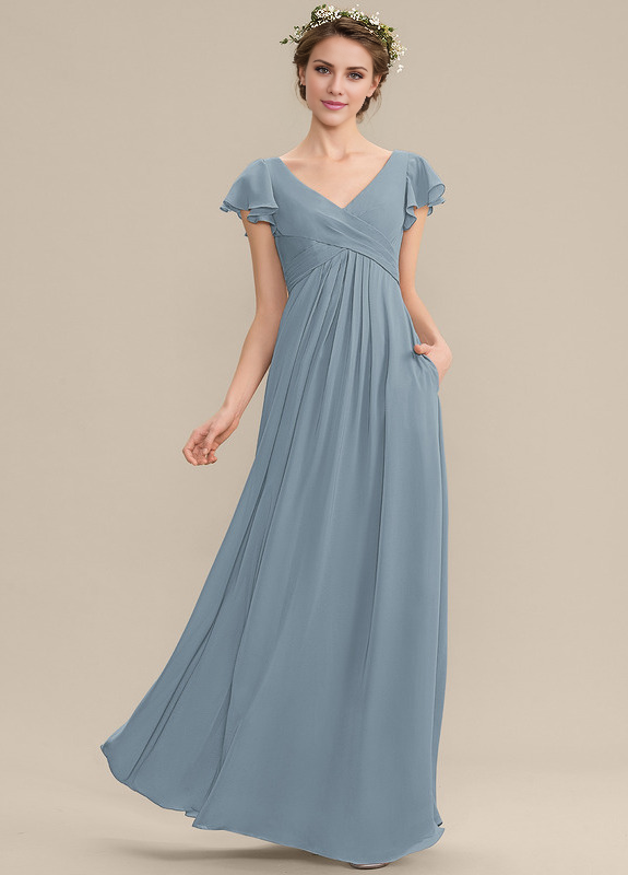 Vestido de dama de honor de gasa con escote en V, volantes escalonados y largo hasta el suelo