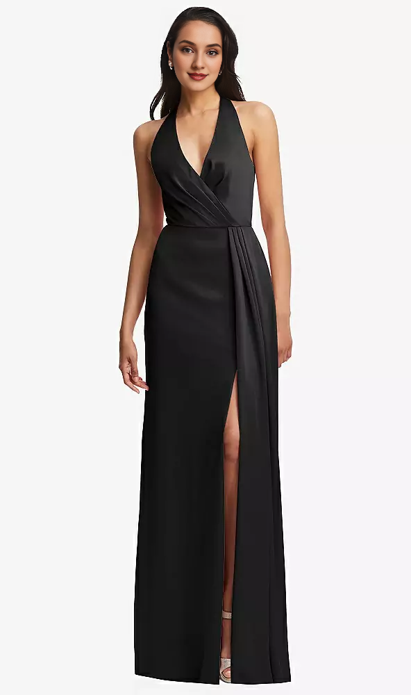 Abito da ballo lungo fino al pavimento, con scollo a V plissettato e spacco posteriore