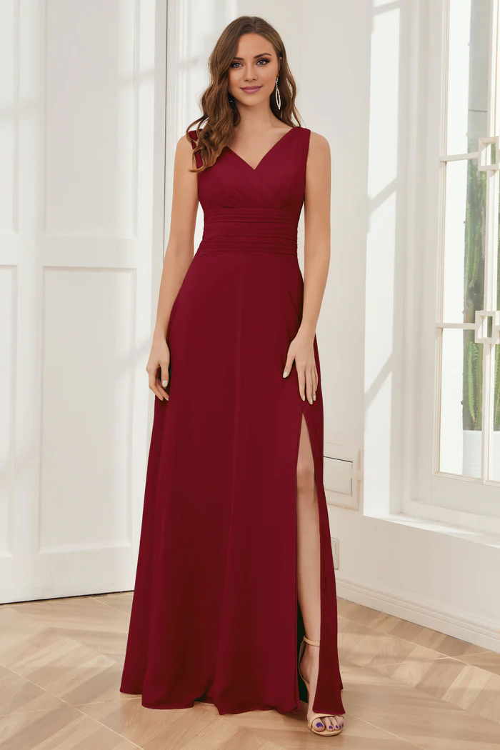 Vestido de dama de honor largo hasta el suelo, de gasa, sin mangas, con escote en V y abertura lateral