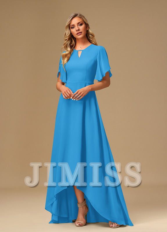 Vestido de dama de honor asimétrico de gasa con escote barco y volantes en forma de A