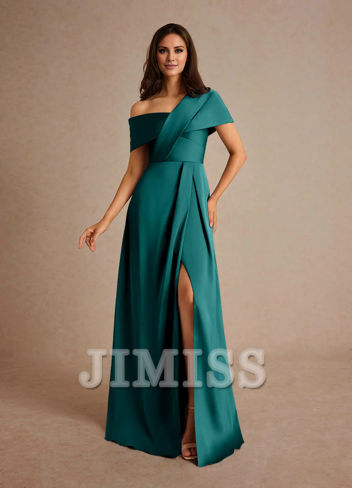 Dark Navy Crepe A-Line Off-the-Shoulder Floor-Length Bridesmaid Dress