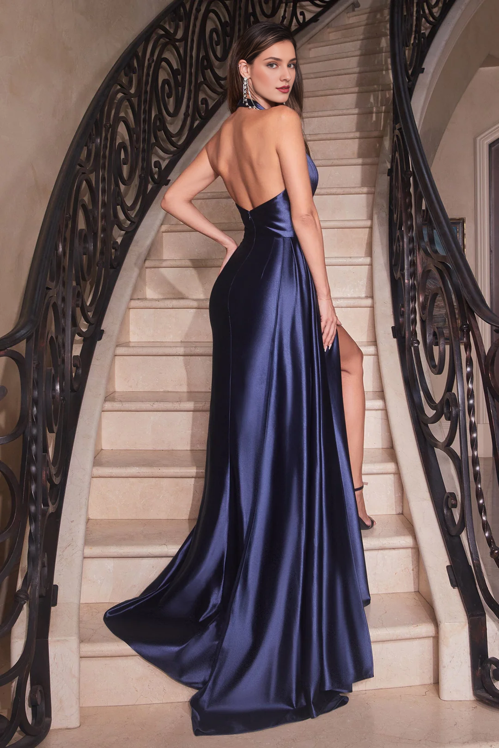 Dark Navy Satin A-Line Halter Floor-Length Evening Dress with Ruched Bodice