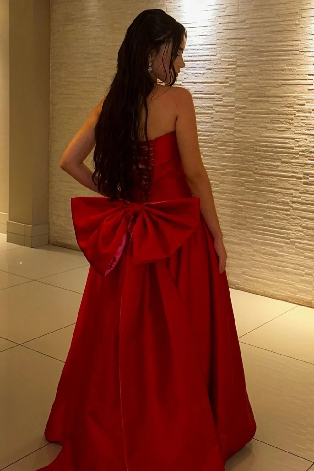 Red Strapless Ball Gown With Big Bow
