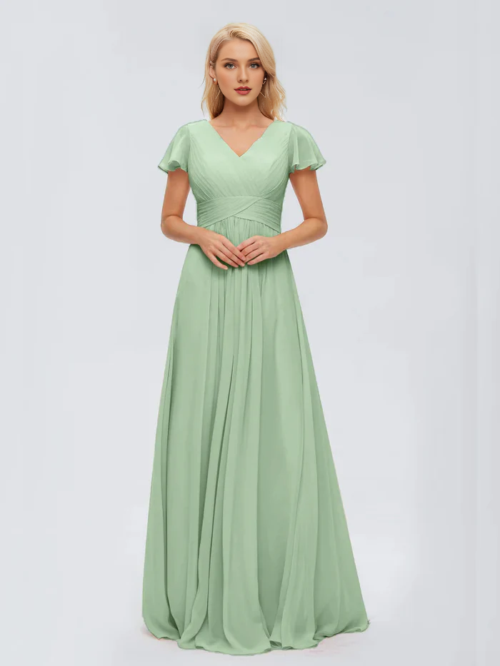 Burgundy Chiffon A-Line Floor-Length Bridesmaid Dress with Ruched V-Neck & Flutter Sleeves