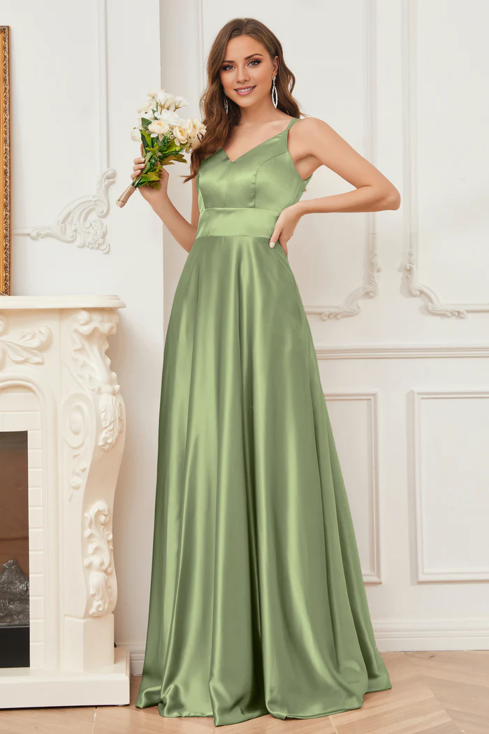 Vestido de dama de honor de satén suave, escote en V y tirantes finos hasta el suelo