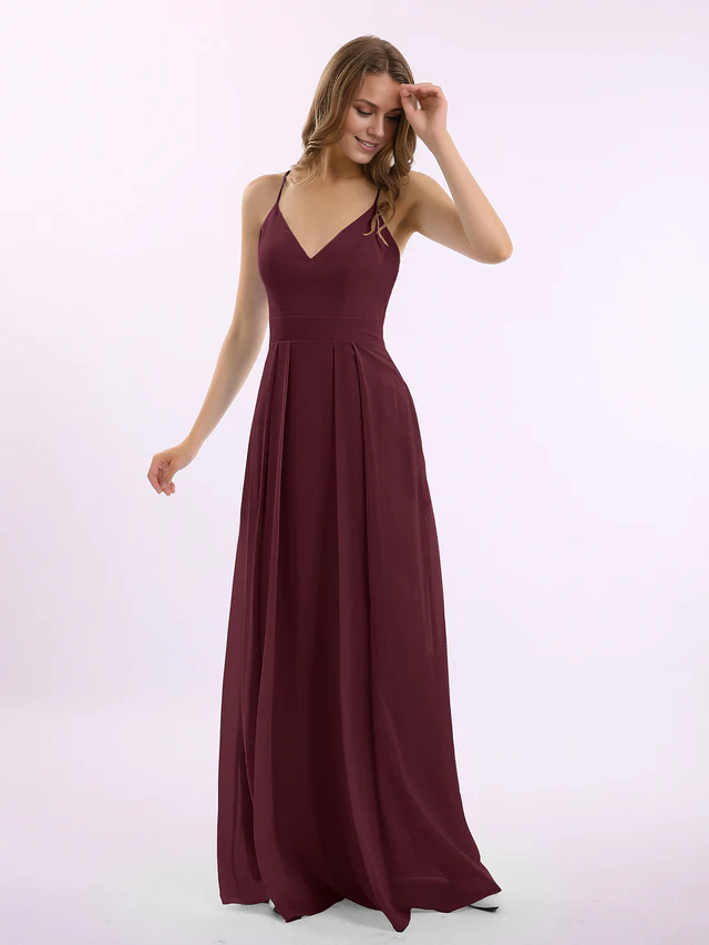 Chiffon Spaghetti-Strap Deep V-Neck A-Line Floor-Length Bridesmaid Dresses