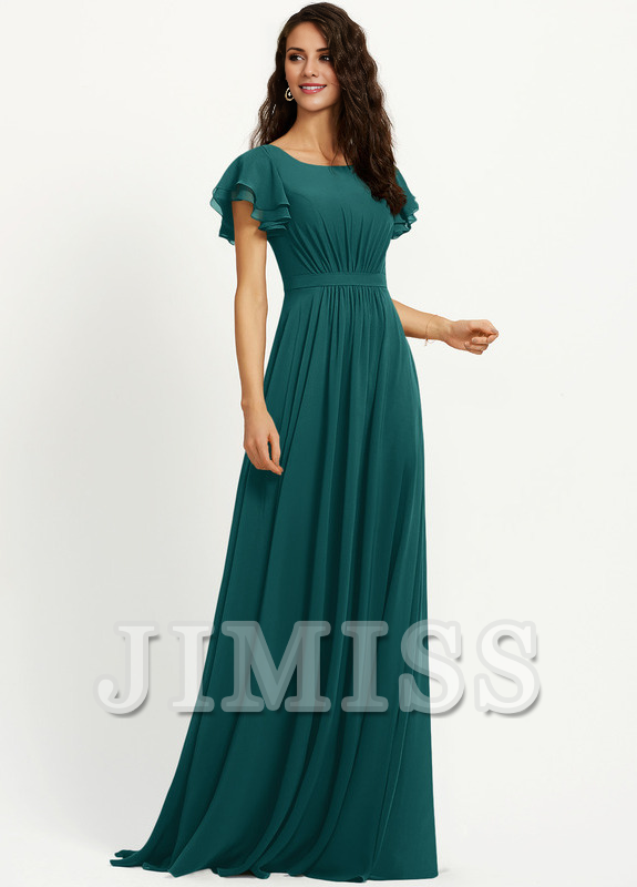 Vestido de dama de honor de gasa con escote redondo y volantes en forma de A