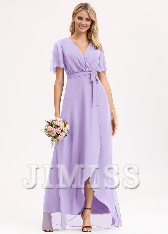 A-line V-neck asymmetric bow pleated chiffon bridesmaid dress