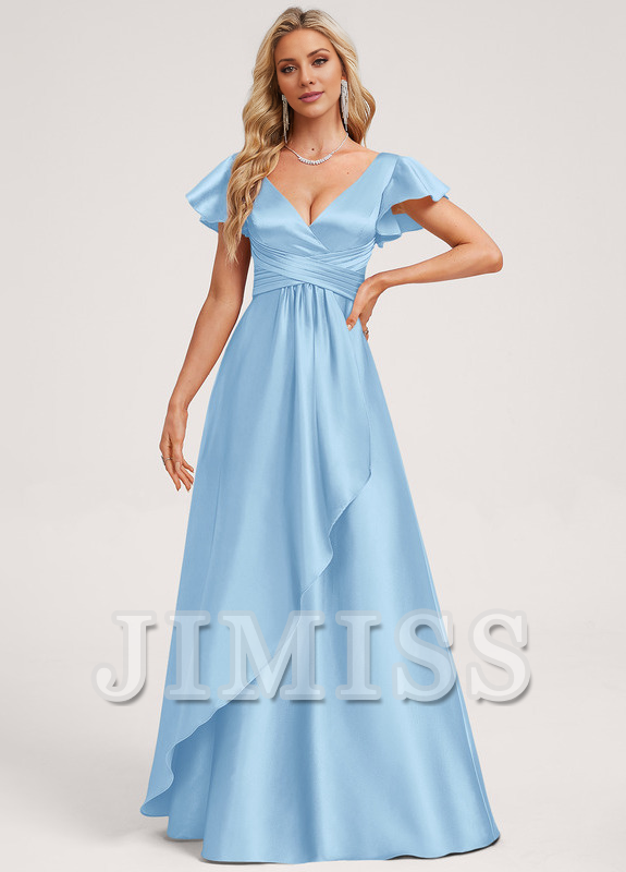 Vestido de dama de honor de satén con volantes, escote en V y largo hasta el suelo