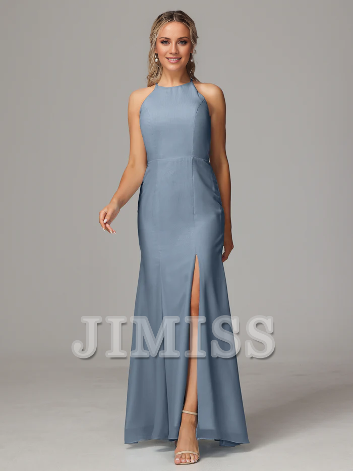 Vestido de dama de honor de gasa con escote colgante, espalda descubierta y abertura lateral