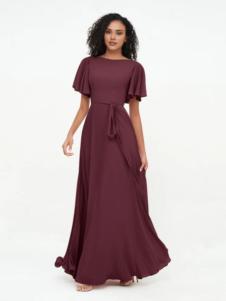 Olive Green A-Line Floor-Length Bridesmaid Dress with Flutter Sleeves & Boat Neckline | Jimiss
