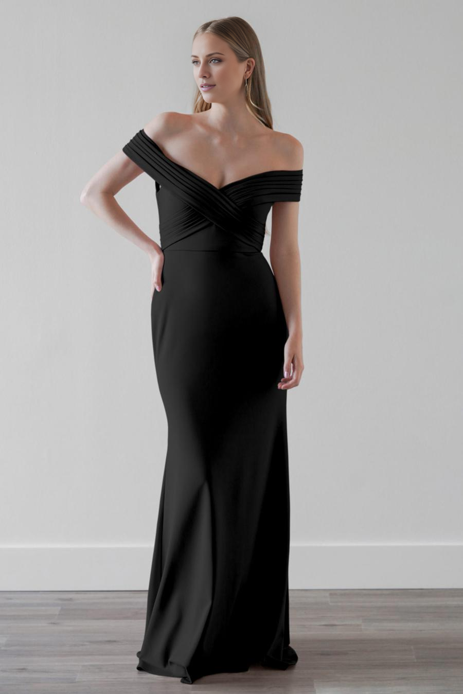 Vestido de noche Jimiss con hombros descubiertos, plisado, sin espalda y largo hasta el suelo