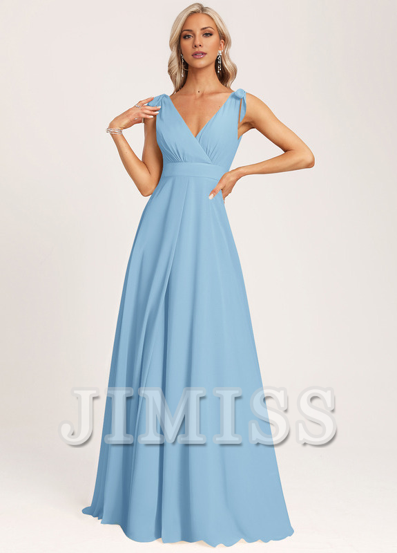 Abito da damigella d'onore lungo in chiffon con scollo a V, a trapezio e fiocco