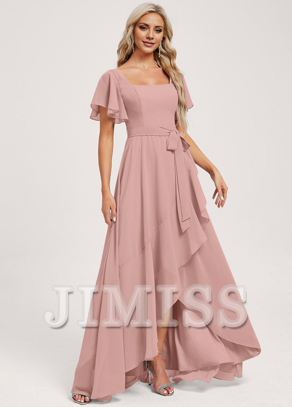Vestido de dama de honor asimétrico de gasa con corte A y corte cuadrado