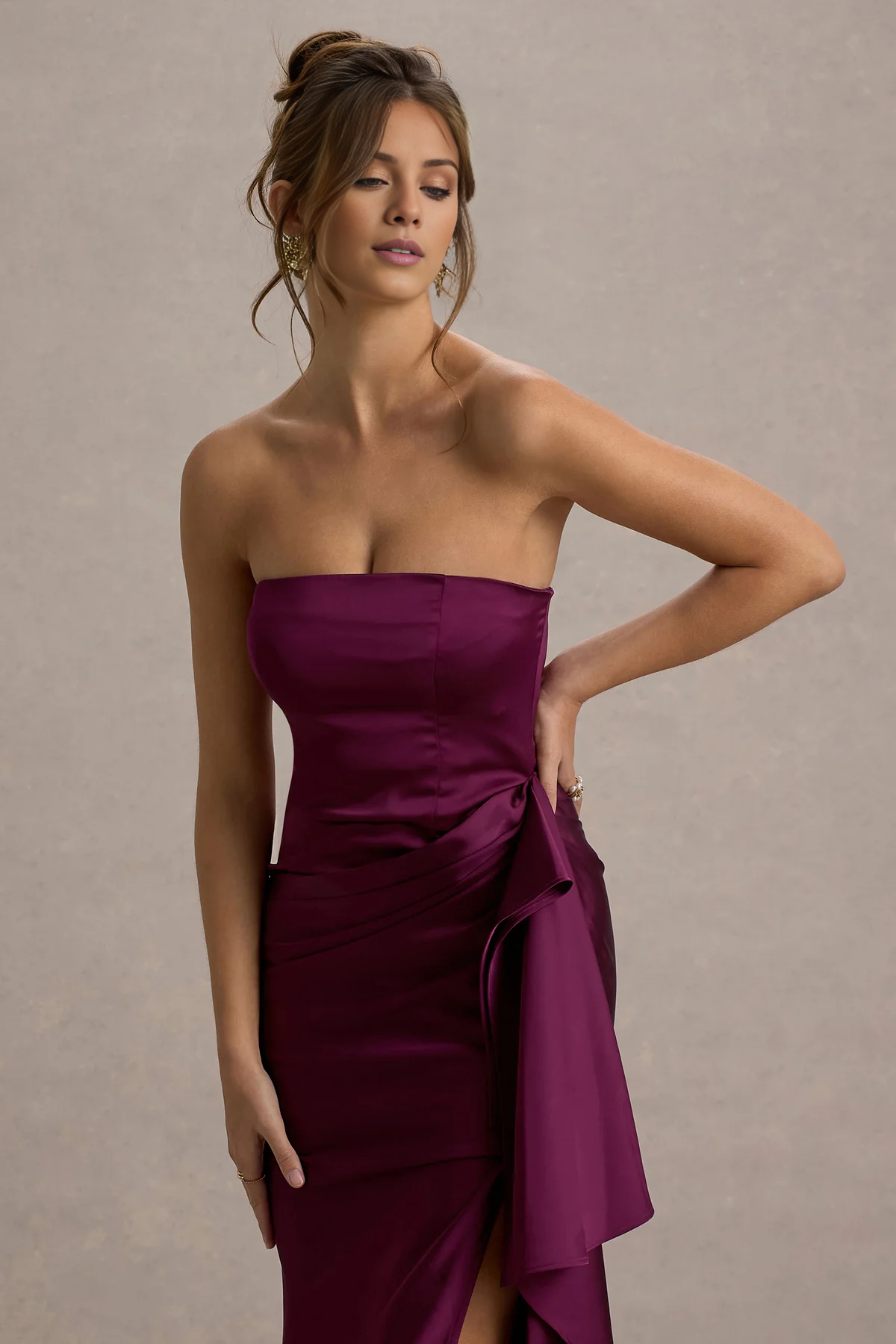 Off shoulder collar satin strapless and floor length evening dress - jimiss dress