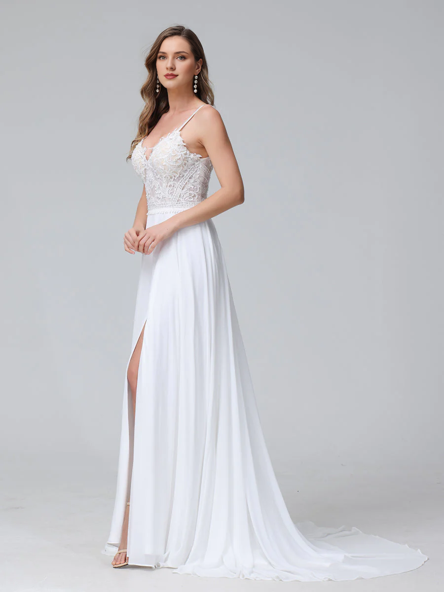 Vestido de novia largo de gasa sin mangas con escote en V y tirantes finos en forma de A