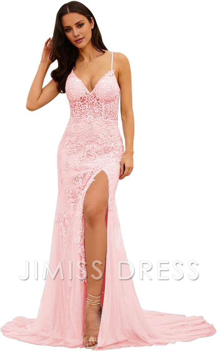 Vestido de noche Jimiss de gasa con apliques, corte sirena, espalda larga, cordones y tirantes finos, para mujer, 2025 