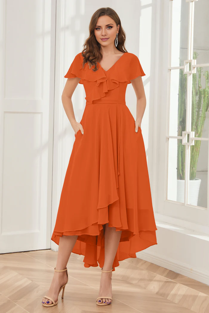 V-neck high-low short sleeved tea long bridesmaid dress