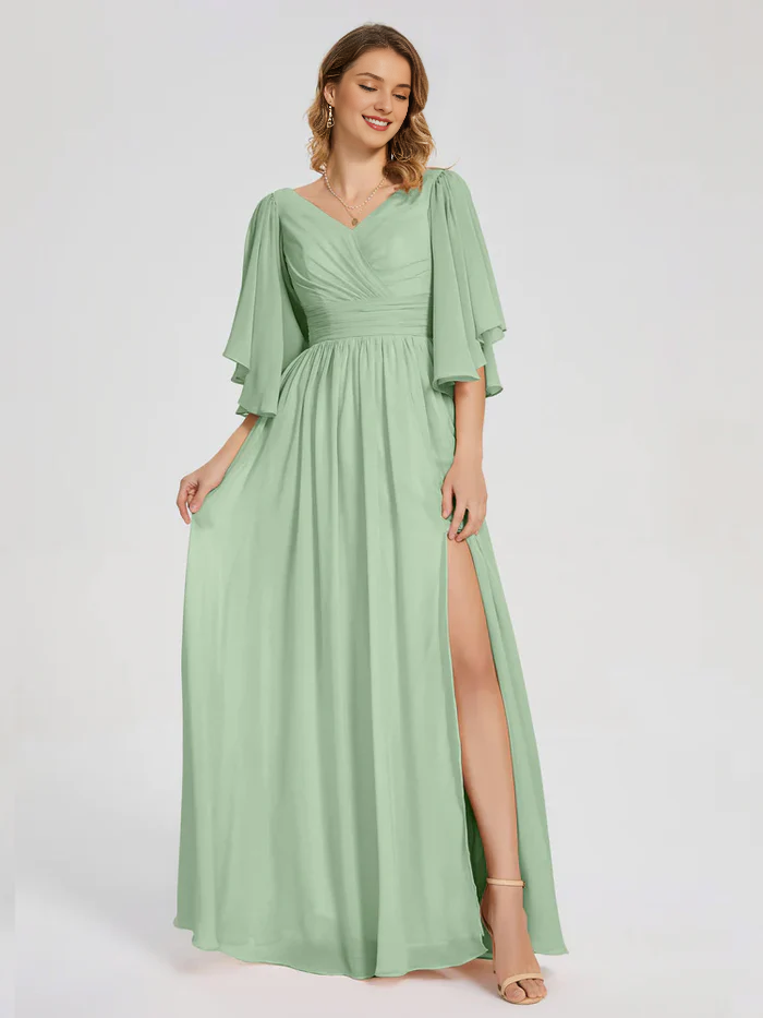Burgundy Chiffon A-Line Floor-Length Dress with V-Neck, Draped Bodice, Flutter Sleeves, and High Slit