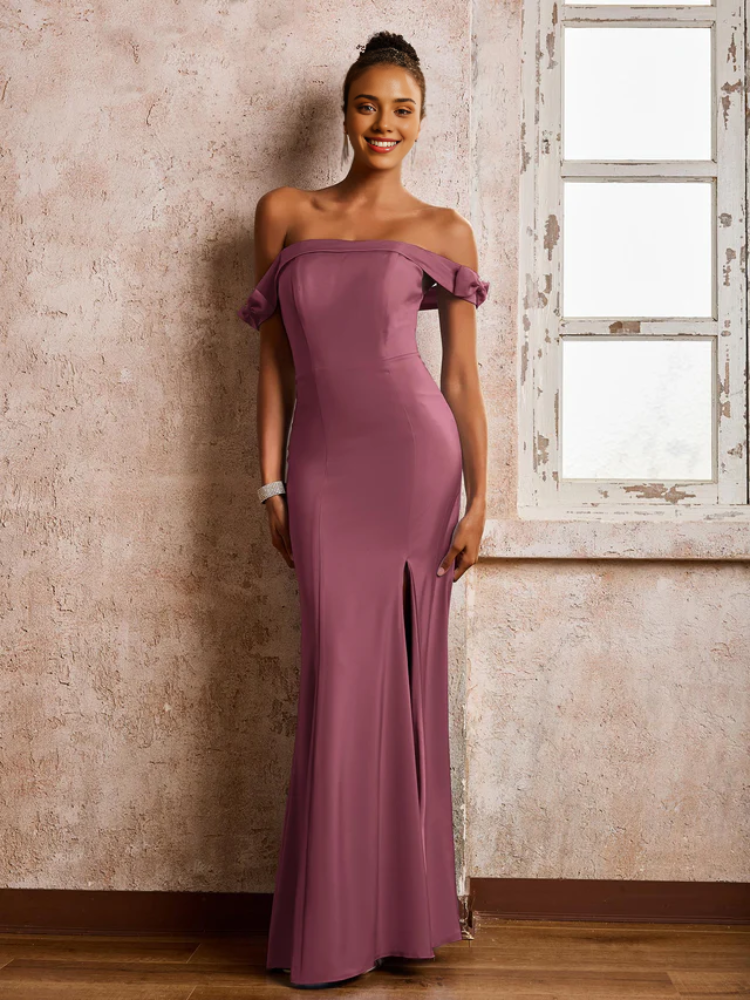 Burgundy Crepe Off-the-Shoulder Mermaid Floor-Length Dress with High Slit