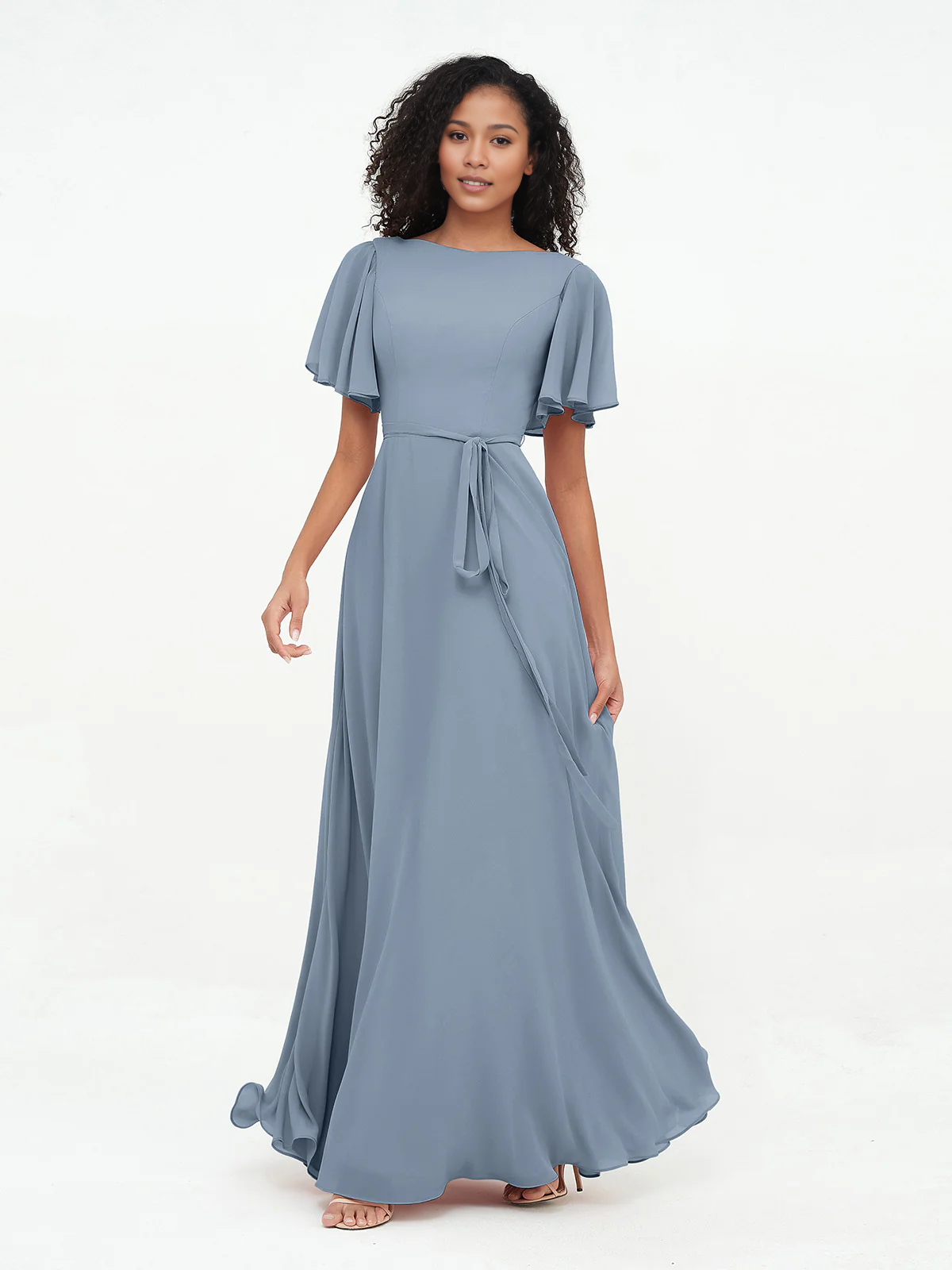 Dark Navy Chiffon A-Line Floor-Length Bridesmaid Dress with Flutter Sleeves & Tie Waist