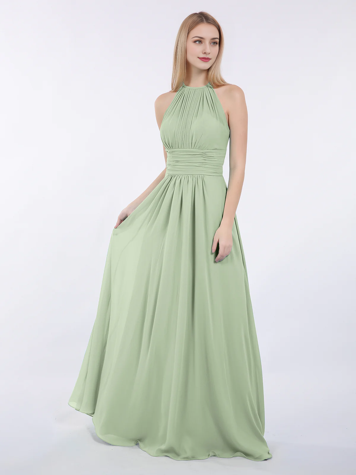 Mocha Chiffon A-Line Halter Neck Floor-Length Bridesmaid Dress with Pleated Bodice