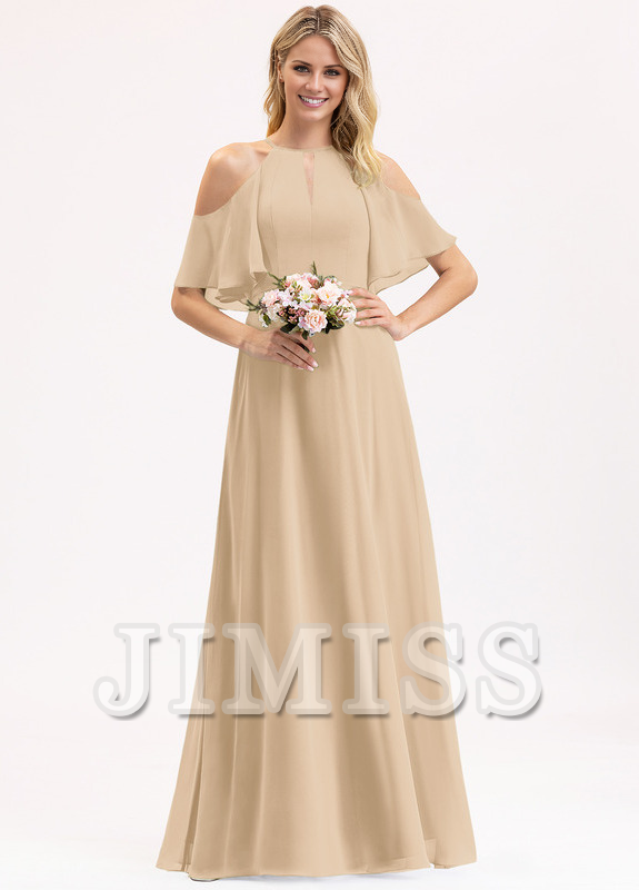 Abito da damigella d'onore in chiffon lungo fino a terra, con scollo a barchetta, spalle scoperte e linea ad A