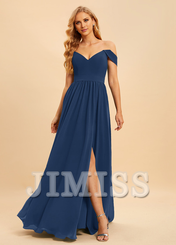 Abito da damigella d'onore in chiffon lungo fino a terra, con spalle scoperte e linea ad A