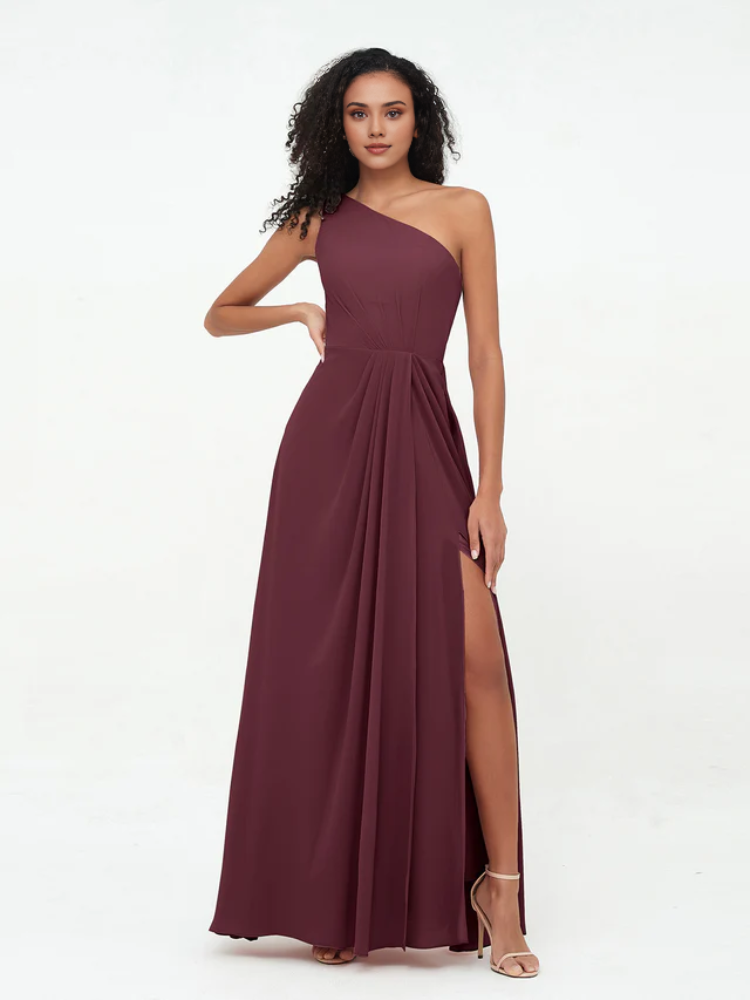 Olive Green Chiffon A-Line Floor-Length One Shoulder Dress with Draped Bodice and High Slit
