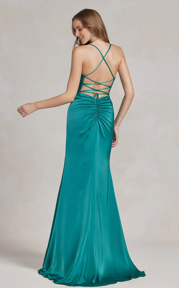 A-line sleeveless thin shoulder strap fitted tight corset slit and floor length Prom dress