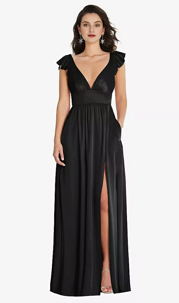 Vestido de fiesta largo con escote en V profundo, tirantes de doble uso, borde con volantes y mangas cubiertas