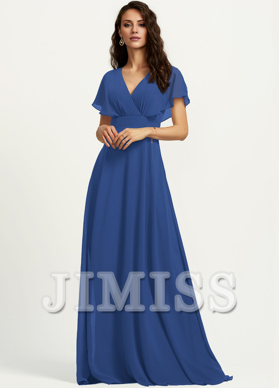 Abito da damigella d'onore in chiffon lungo fino al pavimento, con scollo a V e linea ad A