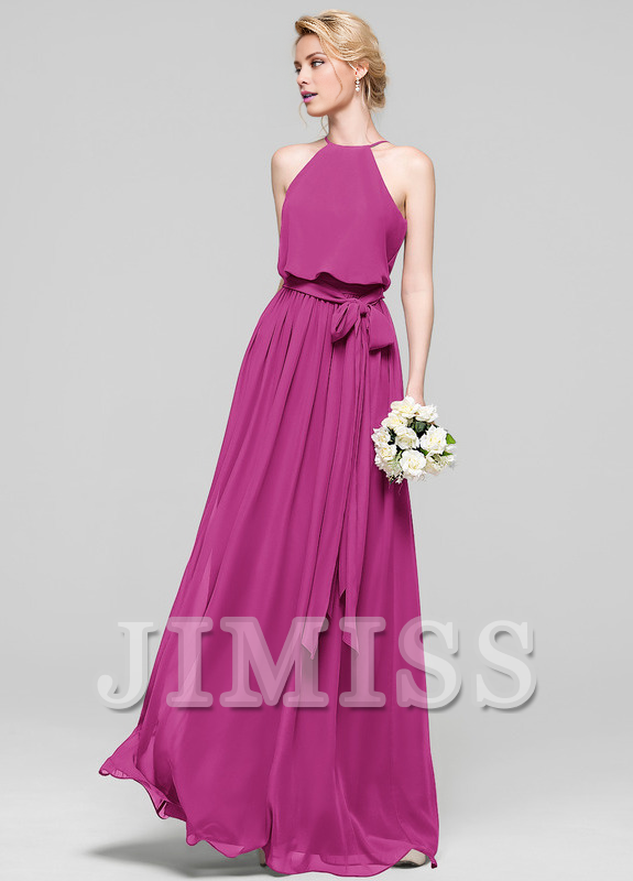 A-line low round neck bow floor mopping chiffon bridesmaid dress