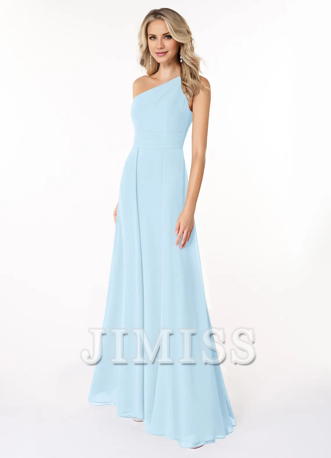 Vestido de gasa con hombros en forma de A y vestido de dama de honor largo hasta el suelo - Vestido Jimiss 
