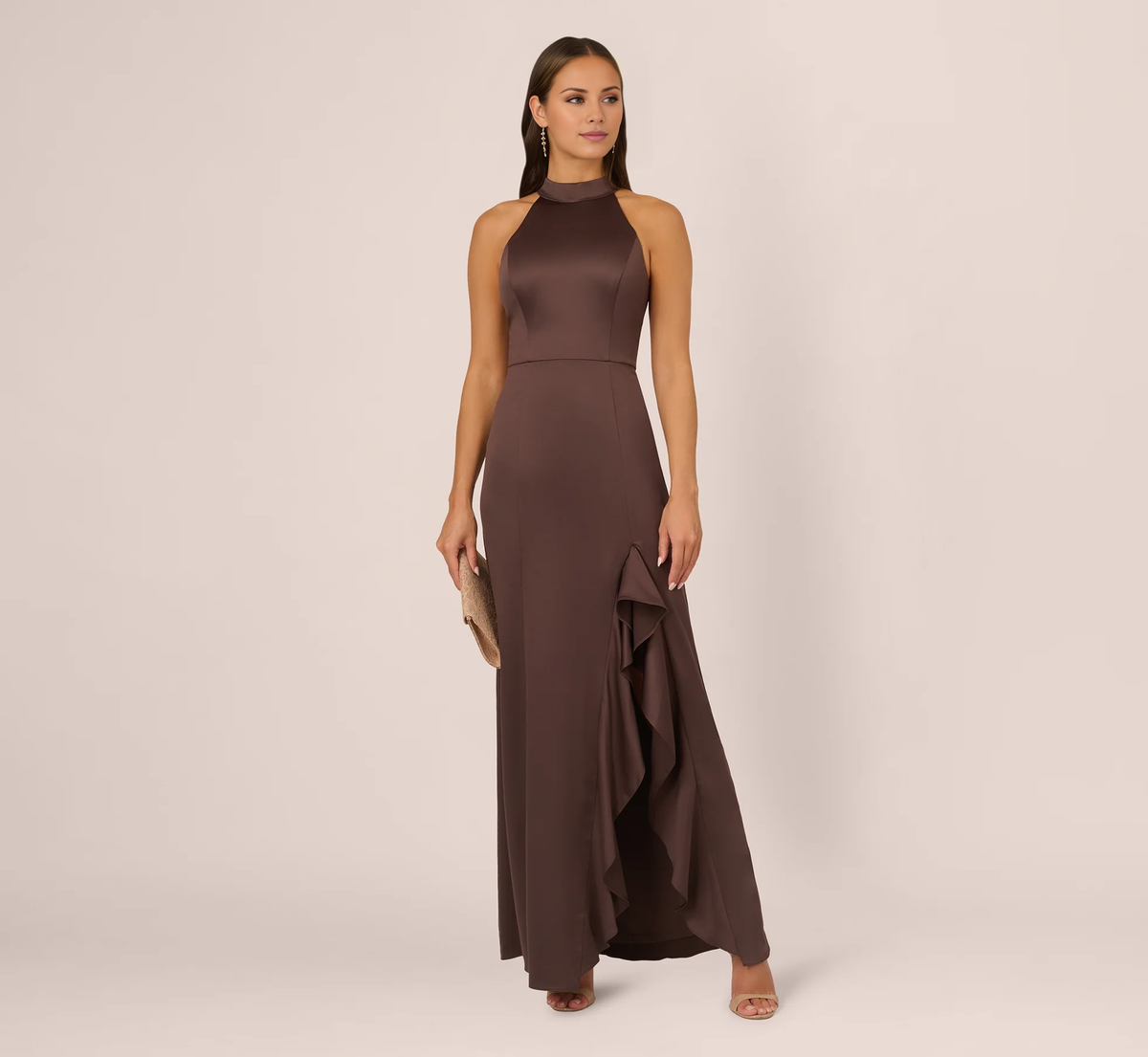 Vestido de fiesta largo estilo sirena con volantes y espalda descubierta de satén de Jimiss