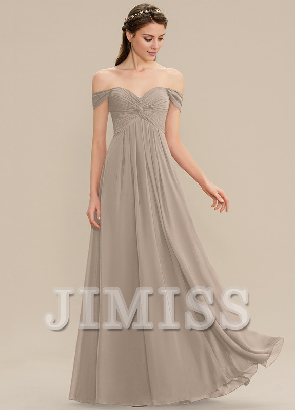 Vestido de dama de honor de gasa con volantes, corte A, hombros descubiertos y largo hasta el suelo