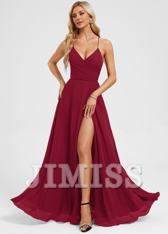 Dark Navy Chiffon A-Line Floor-Length Bridesmaid Dress with V-Neck & High Slit