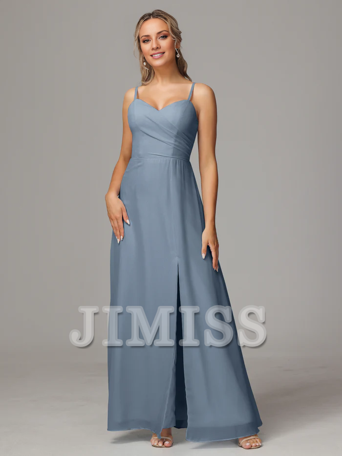 Vestido de dama de honor de gasa con escote en forma de corazón, tirantes finos y abertura lateral