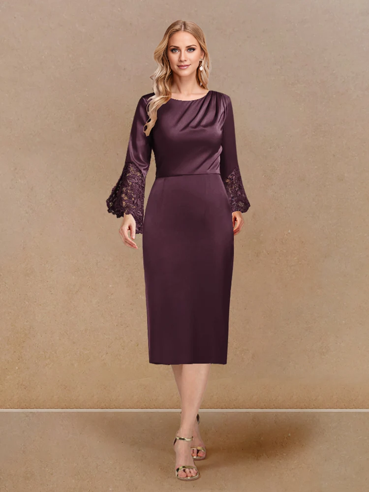 Slate Blue Satin Sheath/column Midi Dress with Draped neckline + Lace bell sleeves