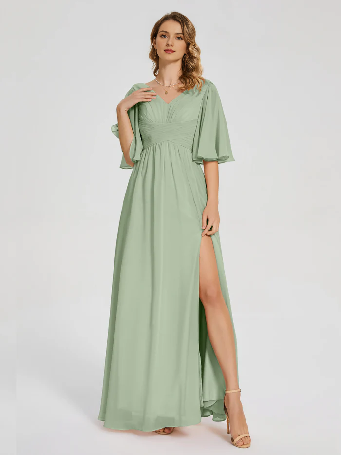 Burgundy Chiffon A-Line V-Neck Floor-Length Dress | Flutter Sleeve Bridesmaid Gown