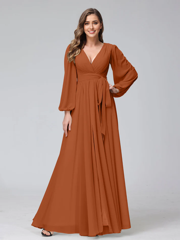 Chiffon Long-Sleeve Deep V-Neck Self-Tie Waist A-Line Floor-Length Soft Mint Bridesmaid Dresses