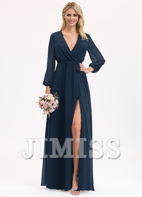 Abito da damigella d'onore in chiffon con scollo a V, lunghezza al pavimento, plissettato e fiocco