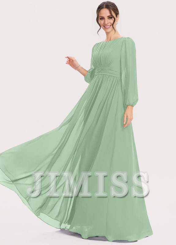 Dark Navy Chiffon A-Line Floor-Length Bridesmaid Dress with Boat Neck & Voluminous Sleeves