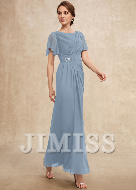 Vestido de gasa para madre de la novia, de corte A, plisado, con cuentas y escote pronunciado hasta los tobillos